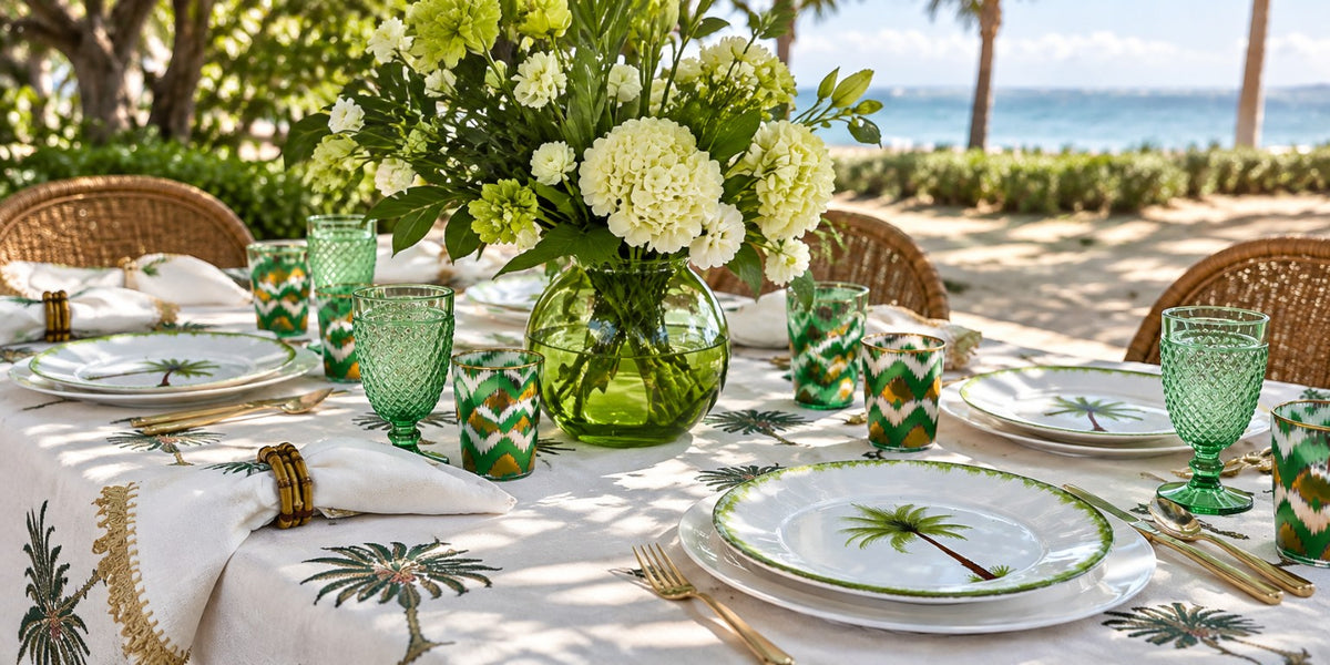 Outdoor table setting featuring palm-tree plates, green glassware, white hydrangeas, and ocean views.