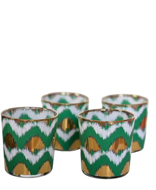 Les Ottomans Ikat Gold and Green Glass Tumblers, Set of 4