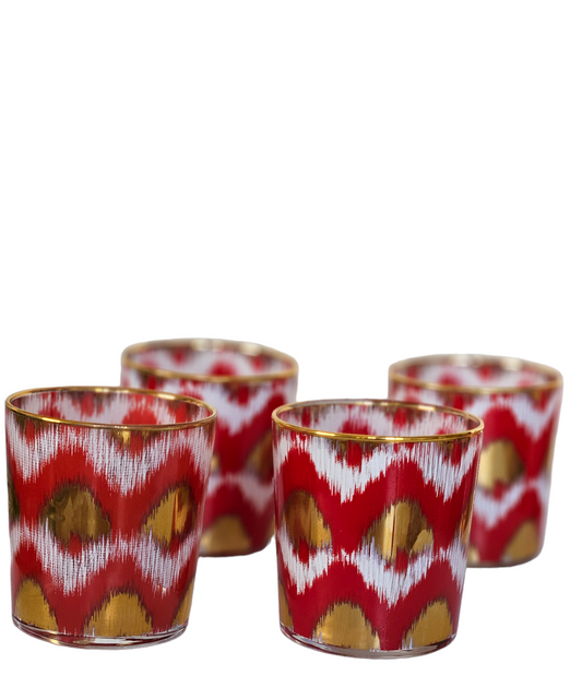 Les Ottomans Ikat Gold & Red Glass Tumbler, Set of 4